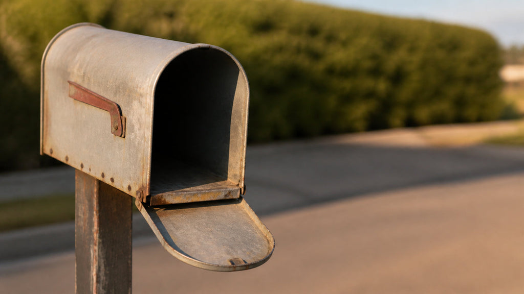 Weathered metal curbside mailbox standing open and empty in late afternoon light.