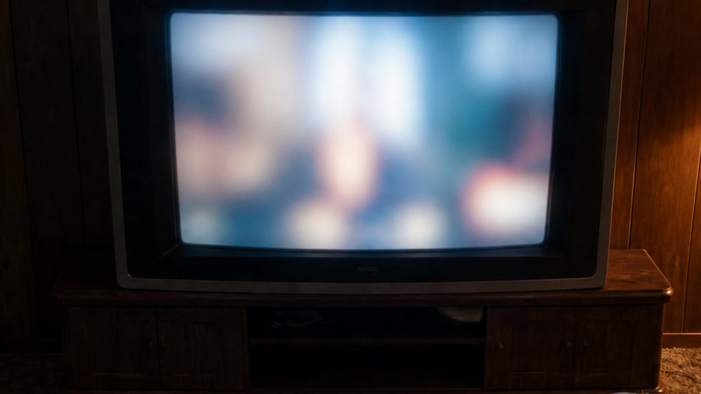 Empty couch facing a glowing television in a wood-paneled living room, a blanket thrown back and a magazine left open on the arm.