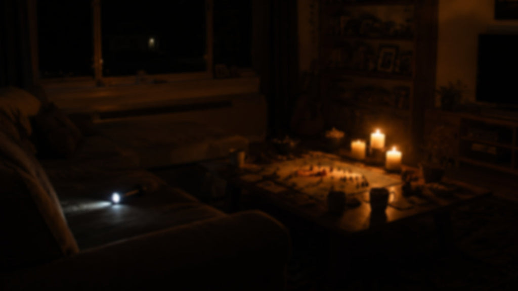 Candles and board game in a dark living room — childhood power outage memories — The Rad Rewind