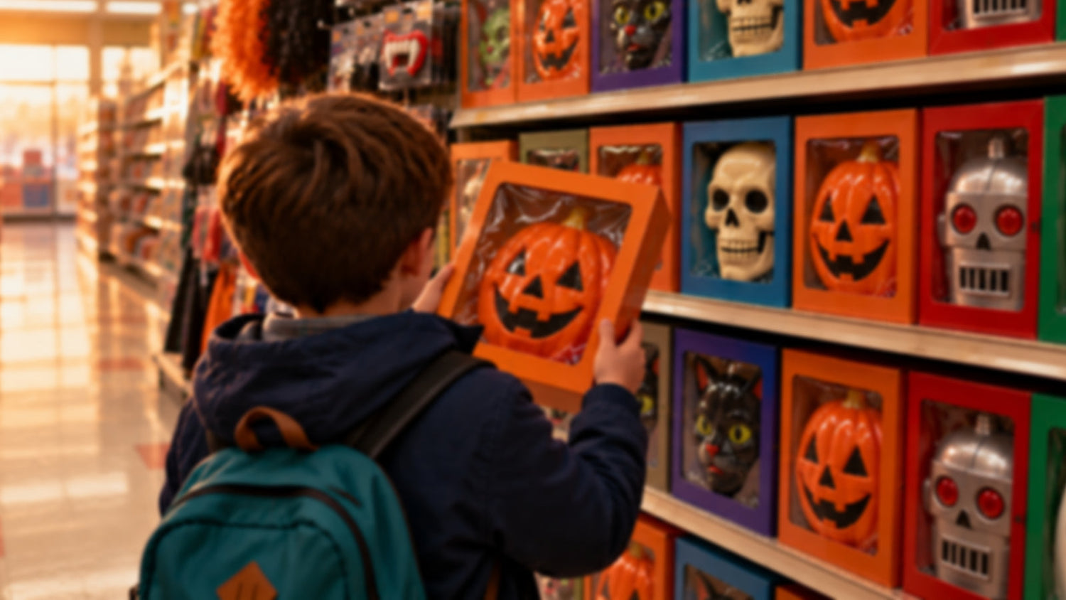Kid in a drugstore Halloween aisle holding up a boxed pumpkin costume in front of shelves of masks behind cellophane windows