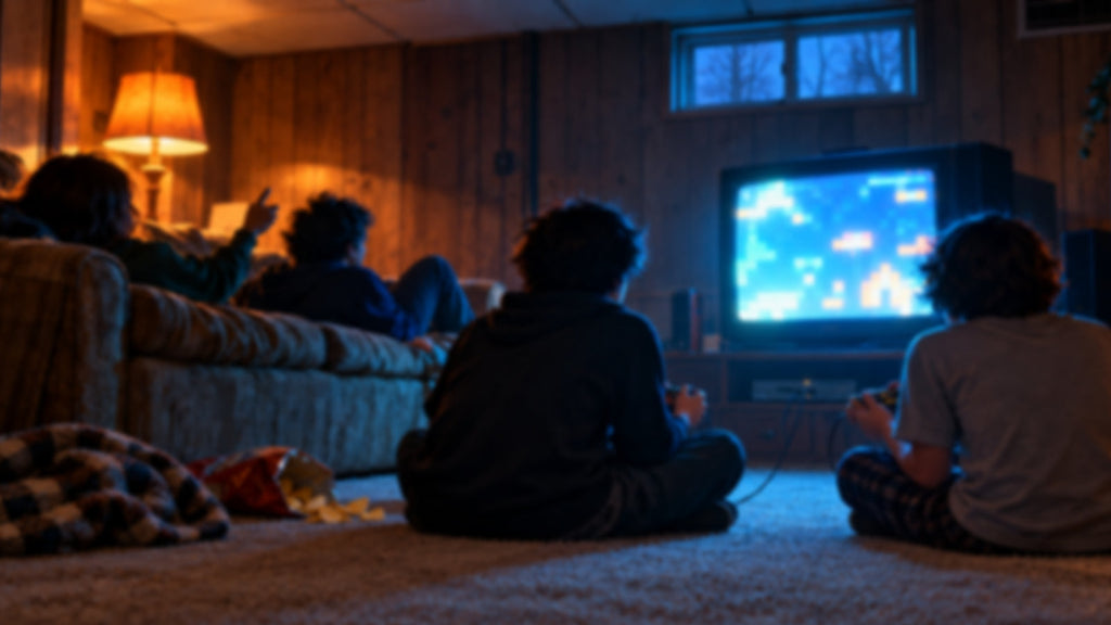 Four kids playing video games late at night in a wood-paneled basement, lit by the blue glow of an old CRT TV