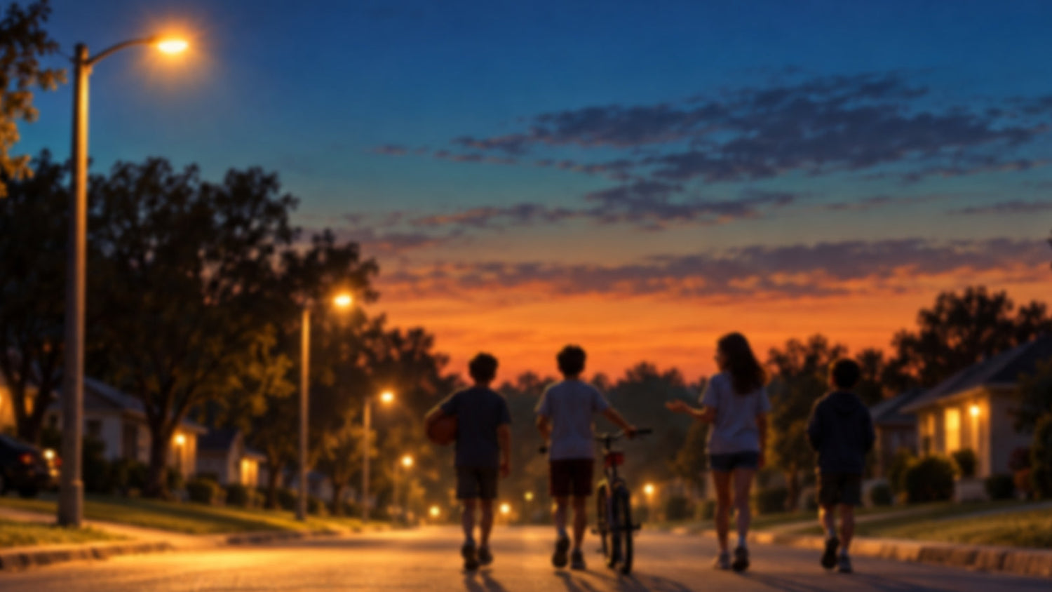Four kids walking home down a neighborhood street at dusk, one with a bike, as the streetlights glow on under a sunset sky