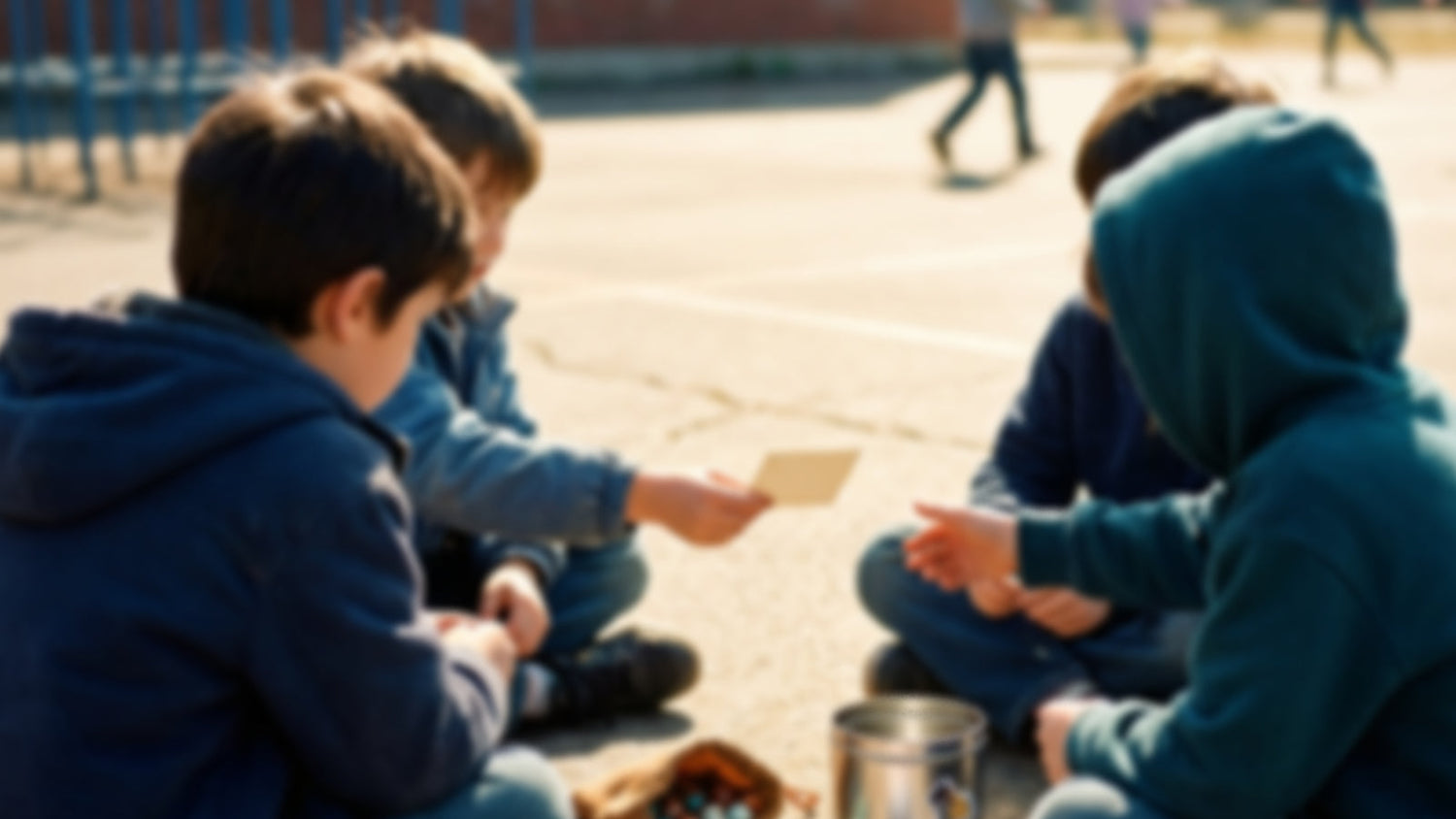 Four kids sitting in a circle on a school playground at recess, trading a card beside a pouch of marbles and a metal tin