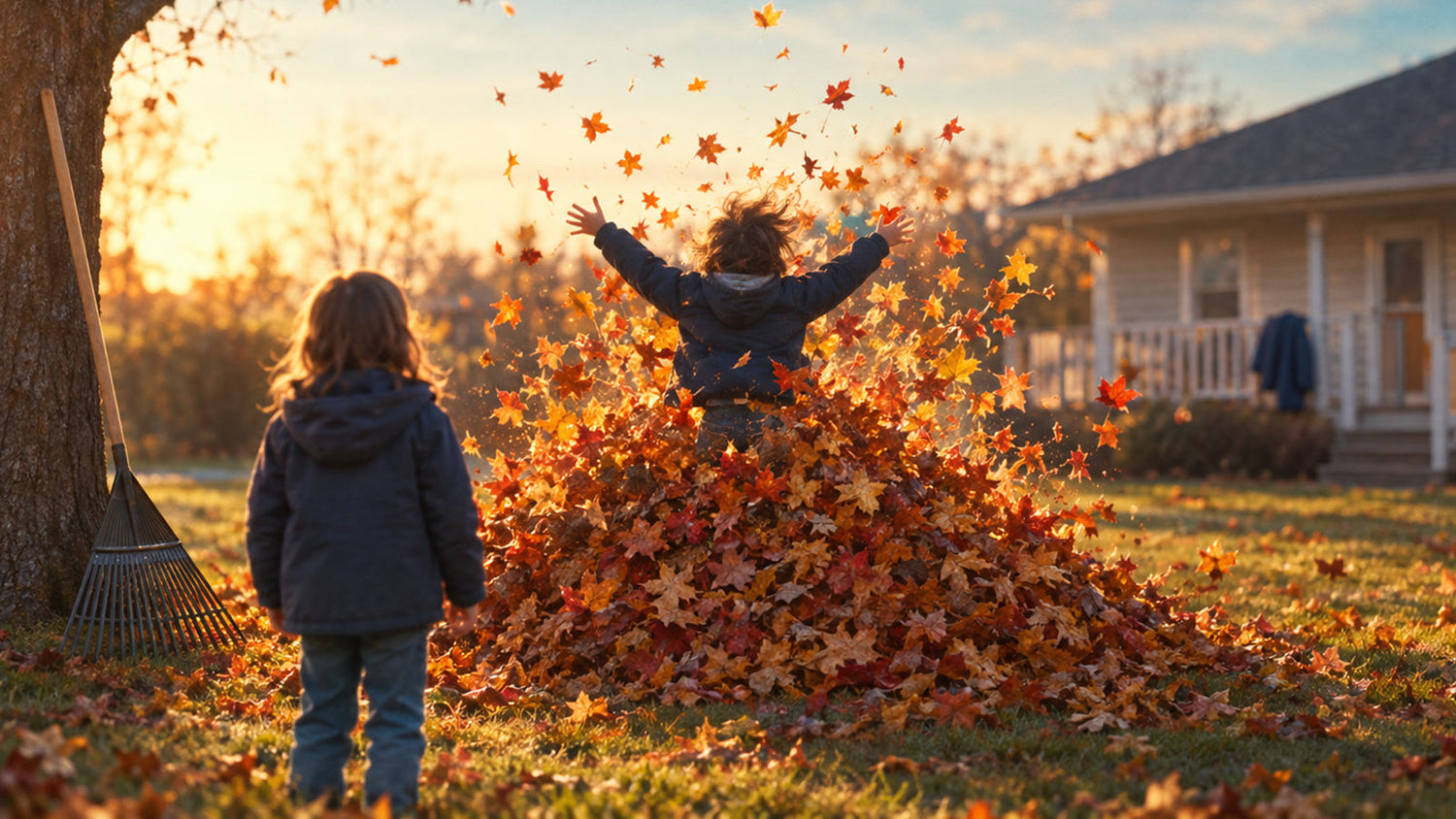 Kid jumping into a big pile of fall leaves in a backyard as another kid watches, with a rake leaning on a tree at sunset