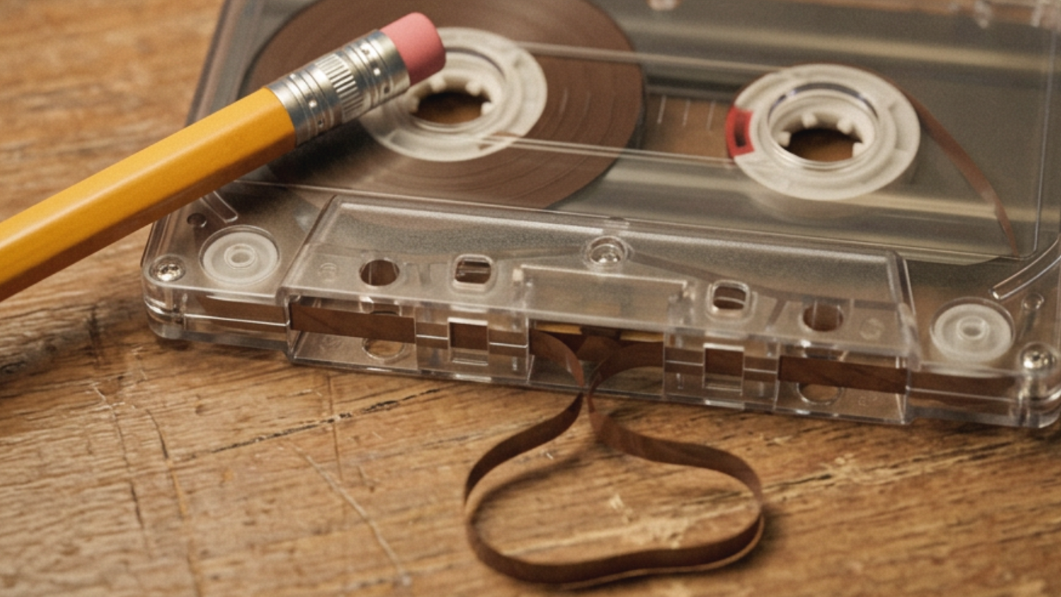 Cassette tape with a pencil inserted in the reel — cassette tape nostalgia — The Rad Rewind