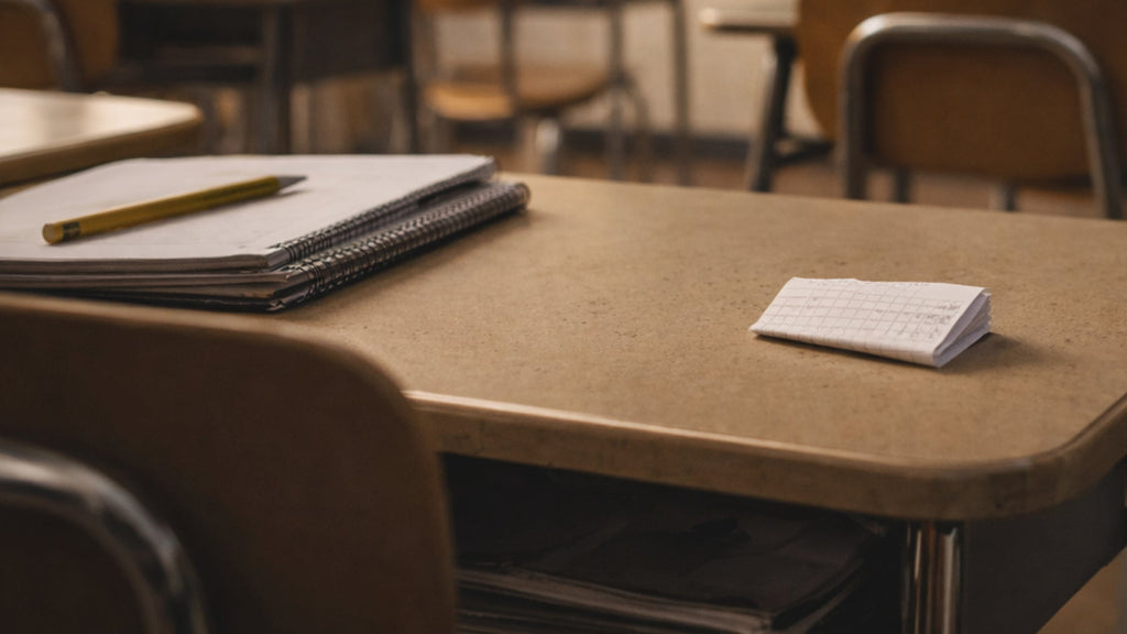 Folded handwritten note on a school desk — passing notes in class nostalgia — The Rad Rewind