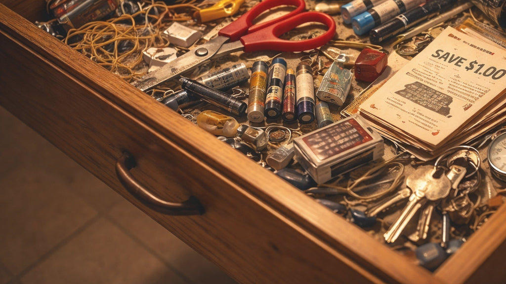 Cluttered junk drawer filled with everyday analog items — junk drawer nostalgia — The Rad Rewind