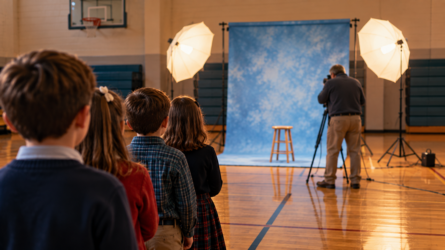 Kids in collared shirts lined up in a school gym for picture day, facing an empty stool before a blue backdrop and umbrella lights