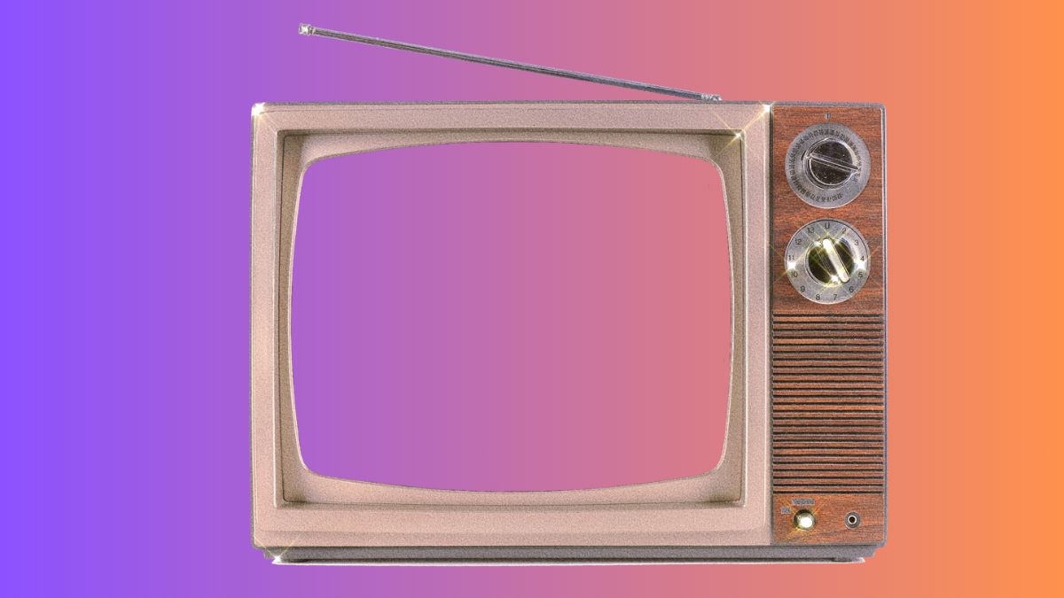 Vintage analog television with antenna against a purple-to-orange gradient background, representing retro tech nostalgia