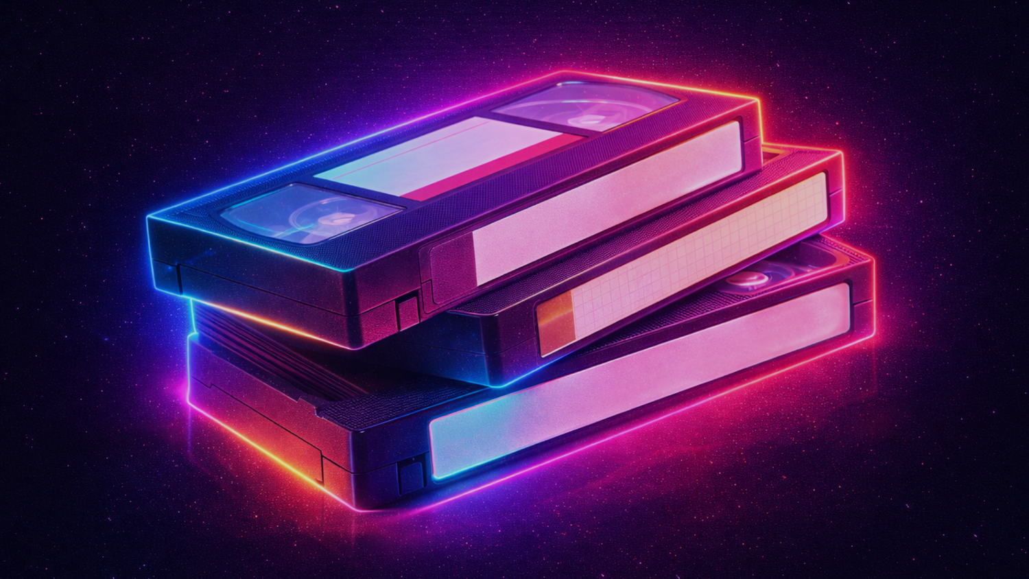 Neon-lit VHS tapes glowing in the dark — VHS tape nostalgia — The Rad Rewind