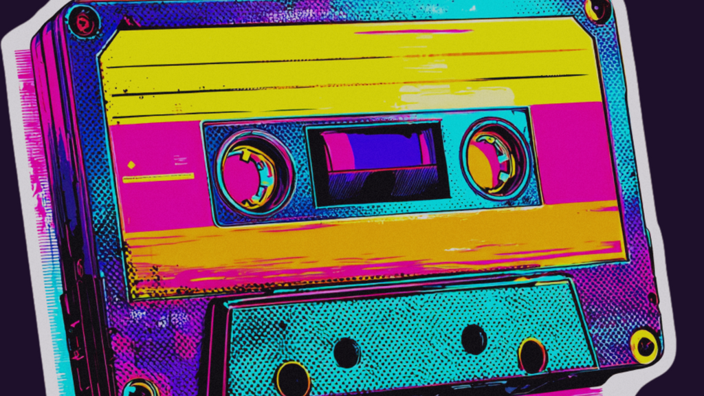 Colorful close-up of a vintage cassette tape against a dark purple background, representing recording songs from the radio.