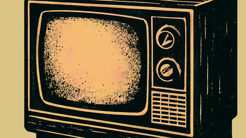 Retro CRT television with static on the screen, evoking Saturday morning nostalgia