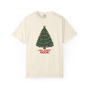 Ivory cream garment-dyed graphic tee with a pixel-art Christmas tree, colorful bulbs, silver garland and Holiday Mode lettering, front view