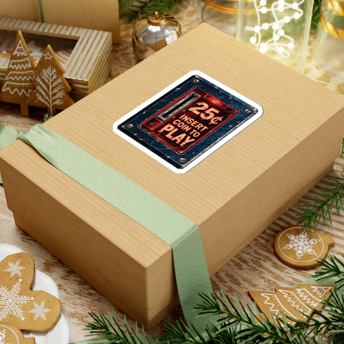 4 by 4 inch retro arcade coin door sticker applied to a kraft gift box among holiday decorations