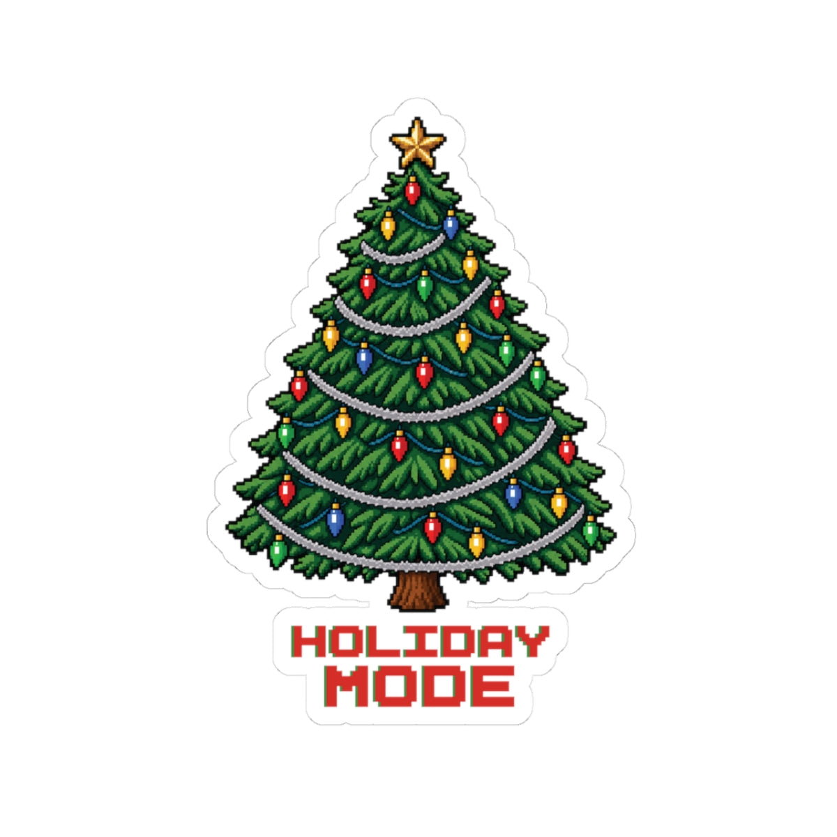 Retro pixel-art Christmas tree sticker with colorful bulbs and silver garland over Holiday Mode lettering, 3 by 3 inch kiss-cut glossy vinyl