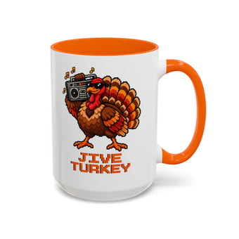 White 15 oz ceramic mug with an orange handle and orange interior, printed with a pixel-art turkey in sunglasses carrying a boombox over Jive Turkey lettering, handle on the right