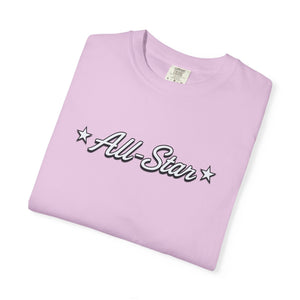 All-Star tee in Orchid folded flat — retro script chest graphic, vintage sports style tee — The Rad Rewind