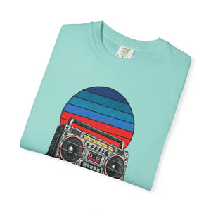 Sunset Sessions retro boombox tee lifestyle shot — The Rad Rewind