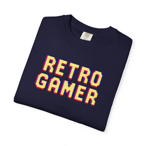 Retro Gamer Pixel Arcade Graphic Tee true navy colorway on model — The Rad Rewind