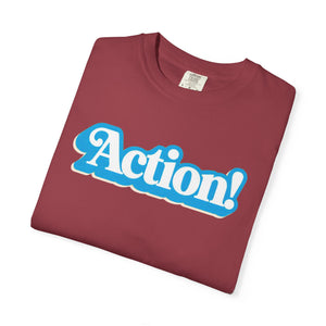 Action tee neon pink colorway on model — The Rad Rewind