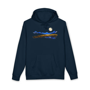 Midnight Signal retro broadcast hoodie front view on model — The Rad Rewind