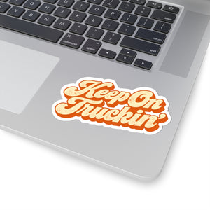 4 by 4 inch Keep On Truckin' retro script sticker applied to a laptop beside the keyboard
