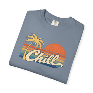 Blue Jean faded blue garment-dyed graphic tee with a retro sunset, leaning palm tree, faded stripes and cream Chill script, folded