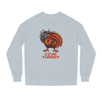 Grey Heather light gray midweight fleece crewneck sweatshirt with a pixel-art turkey in sunglasses carrying a boombox over Jive Turkey lettering, front view