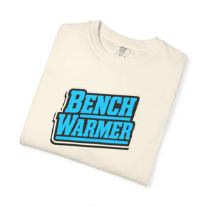 The Rad Rewind Bench Warmer Tee in Mustard — garment-dyed retro sports graphic tee with die-cut badge design