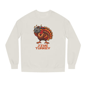 Bone off-white midweight fleece crewneck sweatshirt with a pixel-art turkey in sunglasses carrying a boombox over Jive Turkey lettering, front view
