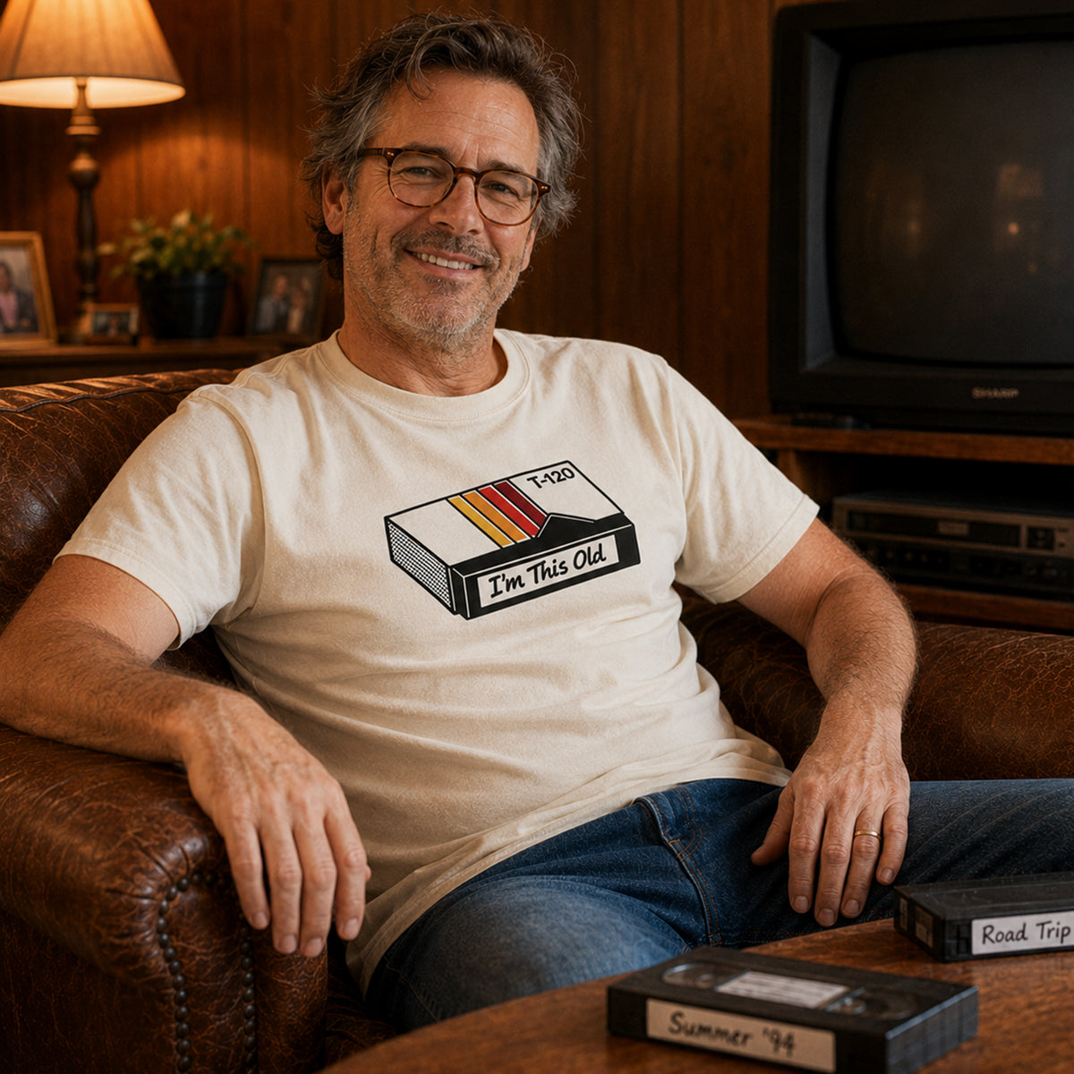 Man wearing The Rad Rewind I'm This Old VHS Tape Graphic Tee in ivory, relaxed in a leather chair surrounded by analog nostalgia. CRT television, VCR, and home video cassette tapes labeled Summer '94 and Road Trip '98