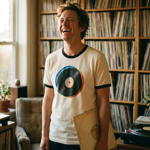 Chromatic Vinyl Ringer Tee lifestyle LP album flat natural black — The Rad Rewind