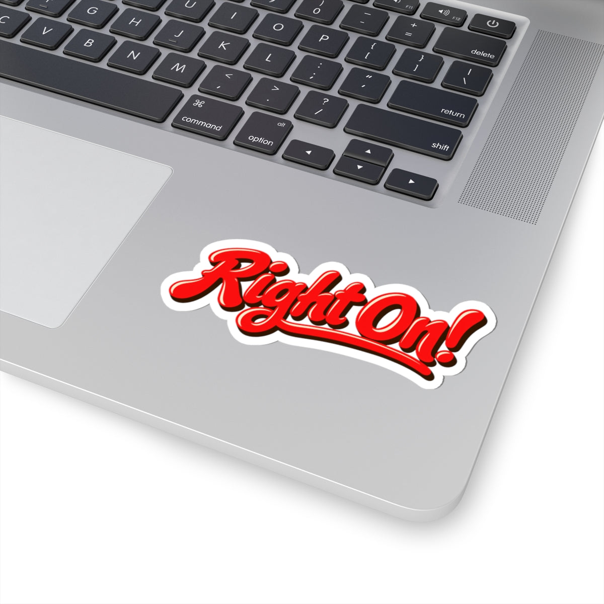 Right On! retro script sticker applied to a kraft gift box