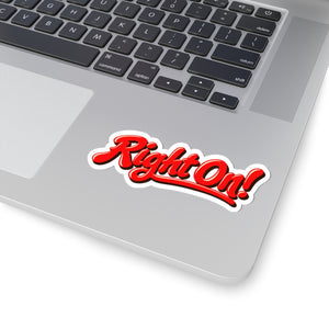 Right On! retro script sticker applied to a kraft gift box