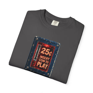 Folded graphite charcoal arcade coin door graphic tee showing the relaxed heavyweight cotton fit