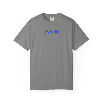 The Rad Rewind IYKYK Graphic Tee in Granite — front view showing IYKYK chest hit in VCR digital type