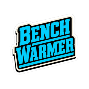 The Rad Rewind Bench Warmer kiss-cut sticker — bold neon blue sport-card badge graphic on white vinyl with black outline and cream border