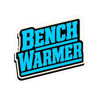 The Rad Rewind Bench Warmer kiss-cut sticker — bold neon blue sport-card badge graphic on white vinyl with black outline and cream border
