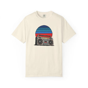 Sunset Sessions boombox and striped sun tee folded flat lay — The Rad Rewind