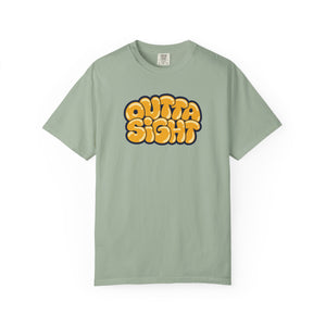 Bay pale sage green garment-dyed graphic tee with Outta Sight in puffy golden bubble letters, cream highlights and a navy outline, front view