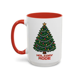 White 15 oz ceramic mug with a red handle and red interior, printed with a pixel-art Christmas tree and Holiday Mode lettering, handle on the left
