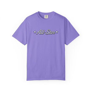 The Rad Rewind All-Star Graphic Tee in Blossom — retro All-Star script graphic with stars on a pink garment-dyed Comfort Colors tee
