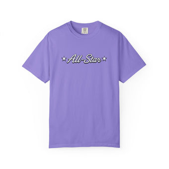 The Rad Rewind All-Star Graphic Tee in Blossom — retro All-Star script graphic with stars on a pink garment-dyed Comfort Colors tee