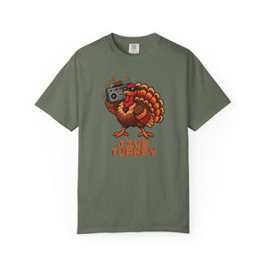 Moss sage green garment-dyed graphic tee with a pixel-art turkey in sunglasses carrying a boombox over Jive Turkey lettering, front view