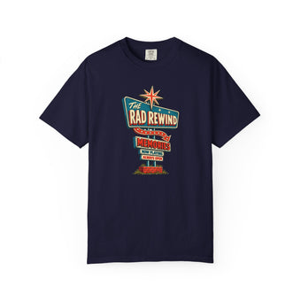 True Navy dark navy garment-dyed graphic tee with an ink-line retro roadside sign reading The Rad Rewind, Memories, Now Playing, Always Open, front view