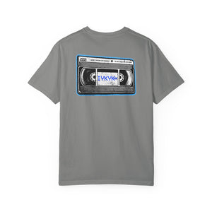 The Rad Rewind IYKYK Graphic Tee in Granite — back view showing VHS tape graphic with neon blue glow border