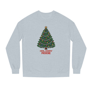 Grey Heather light gray midweight fleece crewneck sweatshirt with a pixel-art Christmas tree, colorful bulbs, silver garland and Holiday Mode lettering, front view