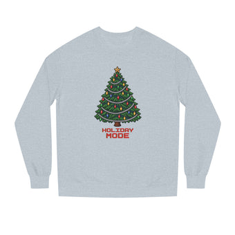 Grey Heather light gray midweight fleece crewneck sweatshirt with a pixel-art Christmas tree, colorful bulbs, silver garland and Holiday Mode lettering, front view