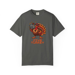 Pepper charcoal gray garment-dyed graphic tee with a pixel-art turkey in sunglasses carrying a boombox over Jive Turkey lettering, front view