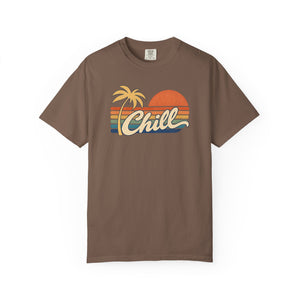 Espresso brown garment-dyed graphic tee with a retro sunset, leaning palm tree, faded stripes and cream Chill script, front view